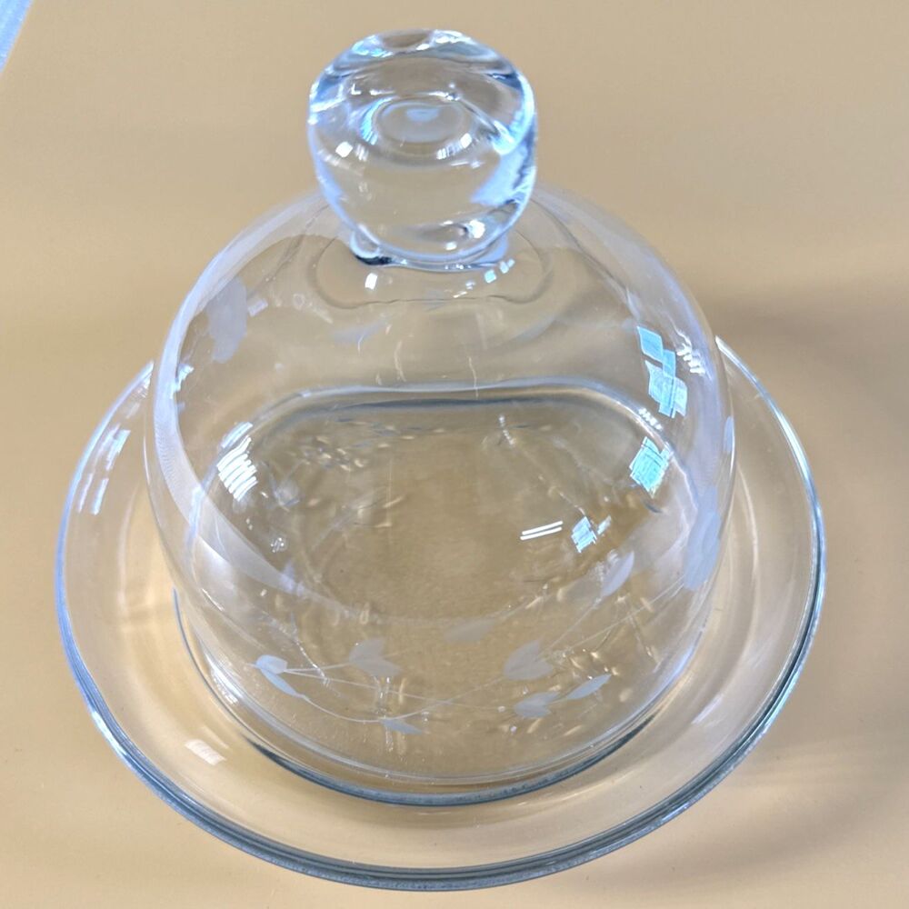 VINTAGE Princess House HERITAGE Round Butter Dish w/ Lid Clear Etched Floral 6"